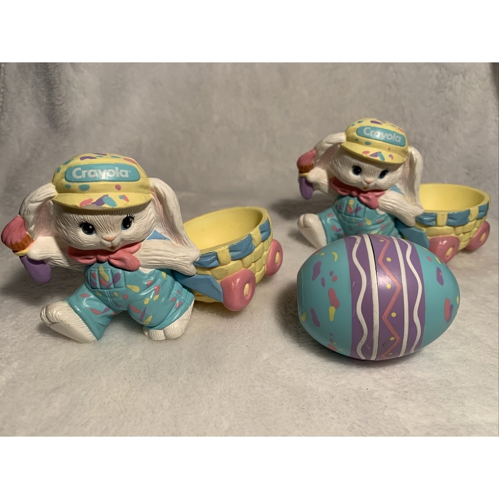 2 Vintage 1990 Hallmark Crayola Bunny Basket Wagon & Easter Egg‎ Pastel Rabbit